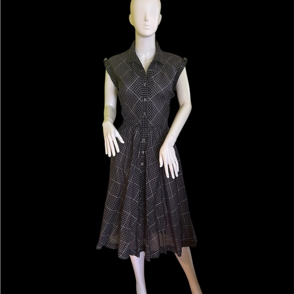 Vintage Dresses & Skirts - Vtg 50’s Dark Blue/ Purple Check Fit-and-Flare Button-Front Women's Dress